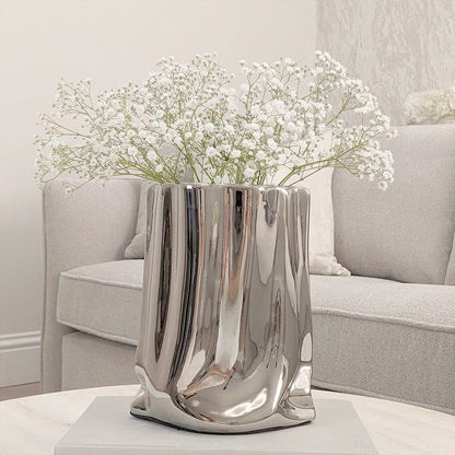 Vega Paper Bag Style Silver Ceramic Vase