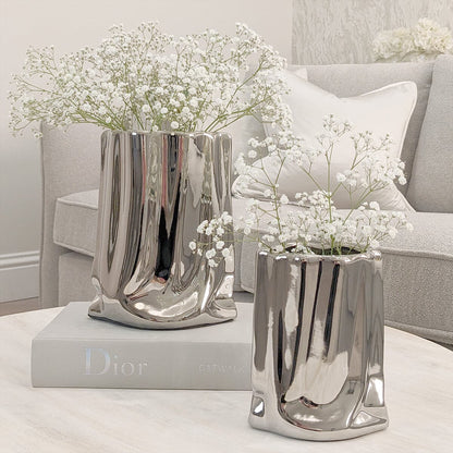 Vega Paper Bag Style Silver Ceramic Vases - Set of 2