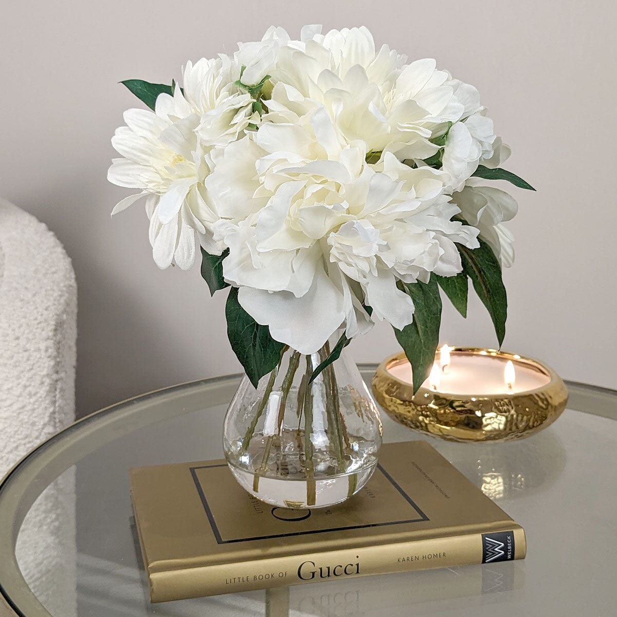 White Faux Peony & Gerbera Florals in Vase